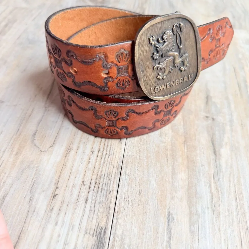 Vintage Lowenbrau Beer Leather Belt Size 36 Embossed Western Brass Buckle Miller